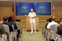 Commander, U. S. Pacific Command (USPACOM) Adm. William J. Fallon addresses the Fellows of Executive Course 2005-2 in the auditorium at the Asia-Pacific Center for Security Studies Aug. 3. Adm. Fallon emphasized the importance of present and future cooperation between countries in the Asia-Pacific region.