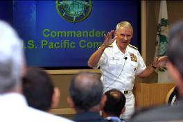 Commander, U. S. Pacific Command (USPACOM) Adm. William J. Fallon describes an experience as a Naval aviator to the Fellows of Executive Course 2005-2 in the auditorium at the Asia-Pacific Center for Security Studies Aug. 3. The admiral answered several questions from the Fellows involving his experiences and the future of the Asia-Pacific region.