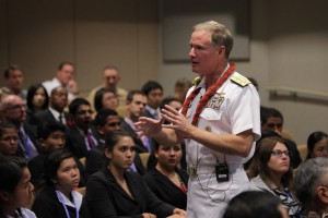 Commander, U.S. Pacific Fleet Adm. Patrick Walsh proposes solutions to security and stability in the Asia-Pacific region "Voices" delegates.