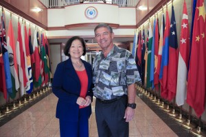 APCSS Director Leaf and Sen. Mazie Hirono pose in the APCSS lobby.