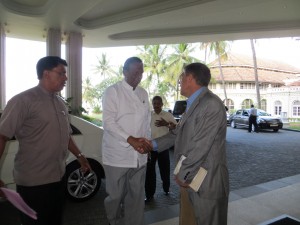 APCSS Director Leaf greets Sri Lanka's Minister of Public Order, Christian Affairs and Disaster Management upon his arrival.
