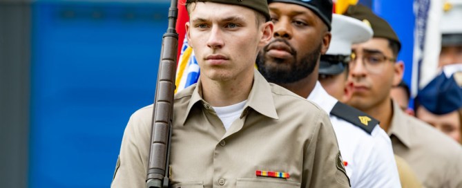 1388 - Joint Color Guard marching at the Ernie Pyle 80th Anniversary Memorial Ceremony.