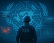 UN peacekeeper viewing a holographic map with real-time data in a command center.