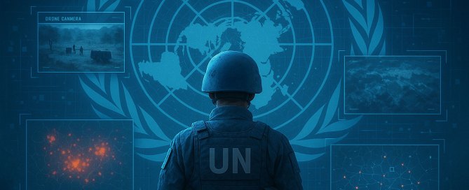 UN peacekeeper viewing a holographic map with real-time data in a command center.