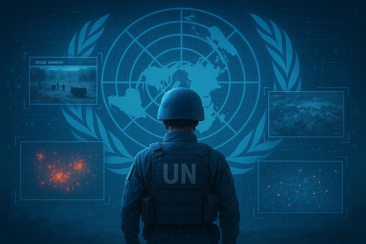 UN peacekeeper viewing a holographic map with real-time data in a command center.