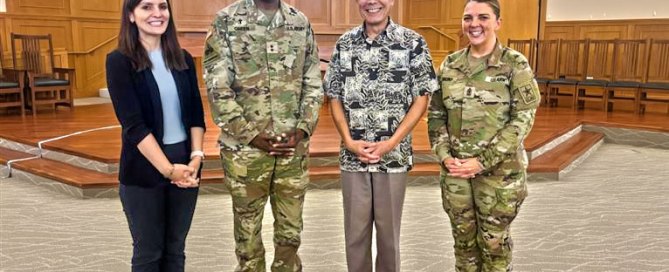 DKI APCSS professors Dr. Andrea Malji and Dr. Al Oehlers are pictured with DKI APCSS alumni, Chief of Chaplains Maj. Gen. Bill Green, and his command senior enlisted leader, Sgt. Maj. Meaghan Simmons.