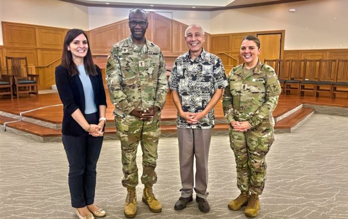 DKI APCSS professors Dr. Andrea Malji and Dr. Al Oehlers are pictured with DKI APCSS alumni, Chief of Chaplains Maj. Gen. Bill Green, and his command senior enlisted leader, Sgt. Maj. Meaghan Simmons.