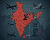 Map of South Asia with military drones, fighter jets, radar systems, and data icons representing regional defense infrastructure and industrial deterrence.