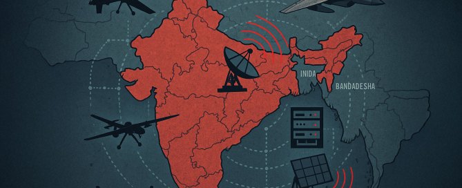 Map of South Asia with military drones, fighter jets, radar systems, and data icons representing regional defense infrastructure and industrial deterrence.