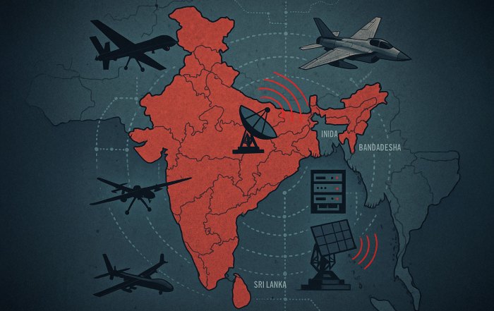 Map of South Asia with military drones, fighter jets, radar systems, and data icons representing regional defense infrastructure and industrial deterrence.
