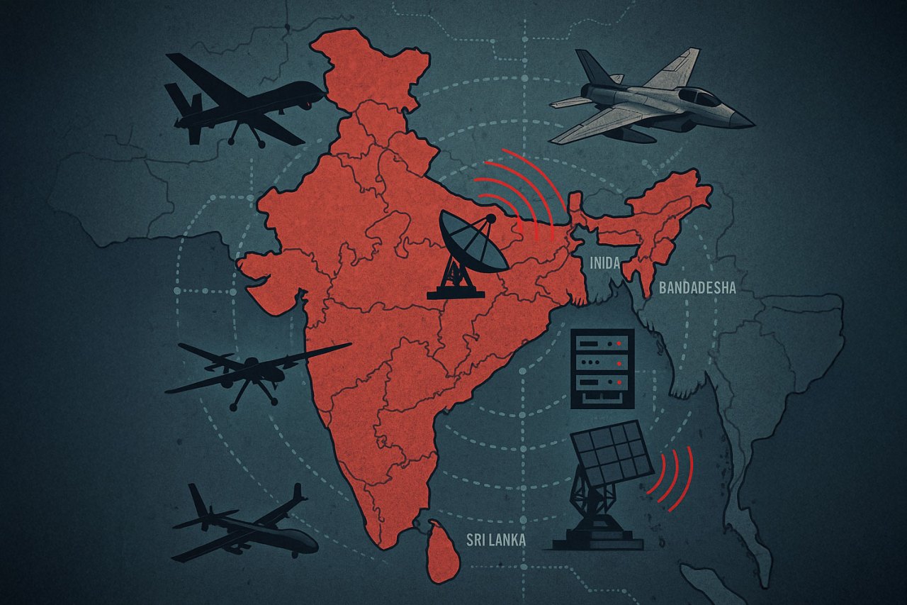 Map of South Asia with military drones, fighter jets, radar systems, and data icons representing regional defense infrastructure and industrial deterrence.