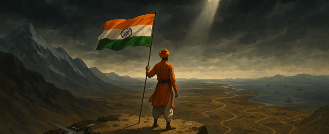 lone figure with an Indian flag stands on a cliff under stormy skies, overlooking divided terrain and scattered military tech.