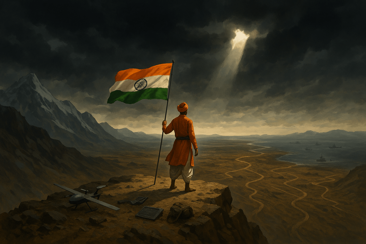 lone figure with an Indian flag stands on a cliff under stormy skies, overlooking divided terrain and scattered military tech.