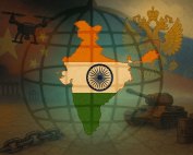 An illustration of the map of India in a cage with Chinese symbols on the left and Russian symbols on the right.