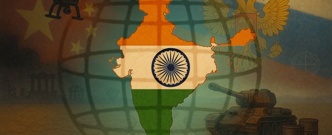 An illustration of the map of India in a cage with Chinese symbols on the left and Russian symbols on the right.