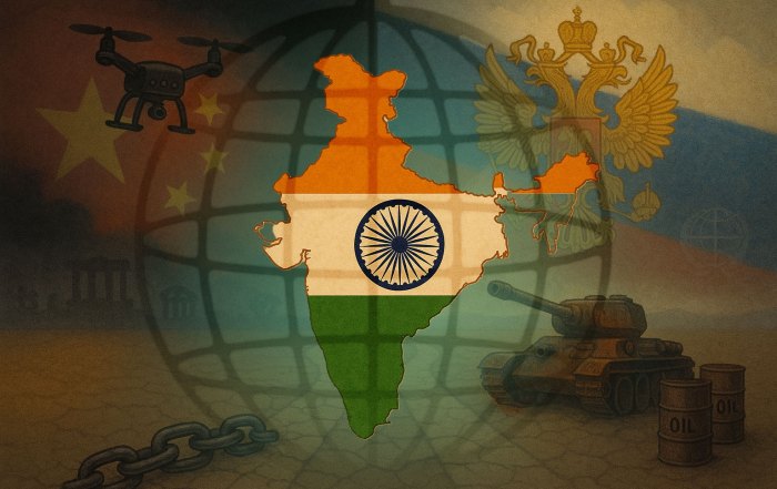 An illustration of the map of India in a cage with Chinese symbols on the left and Russian symbols on the right.