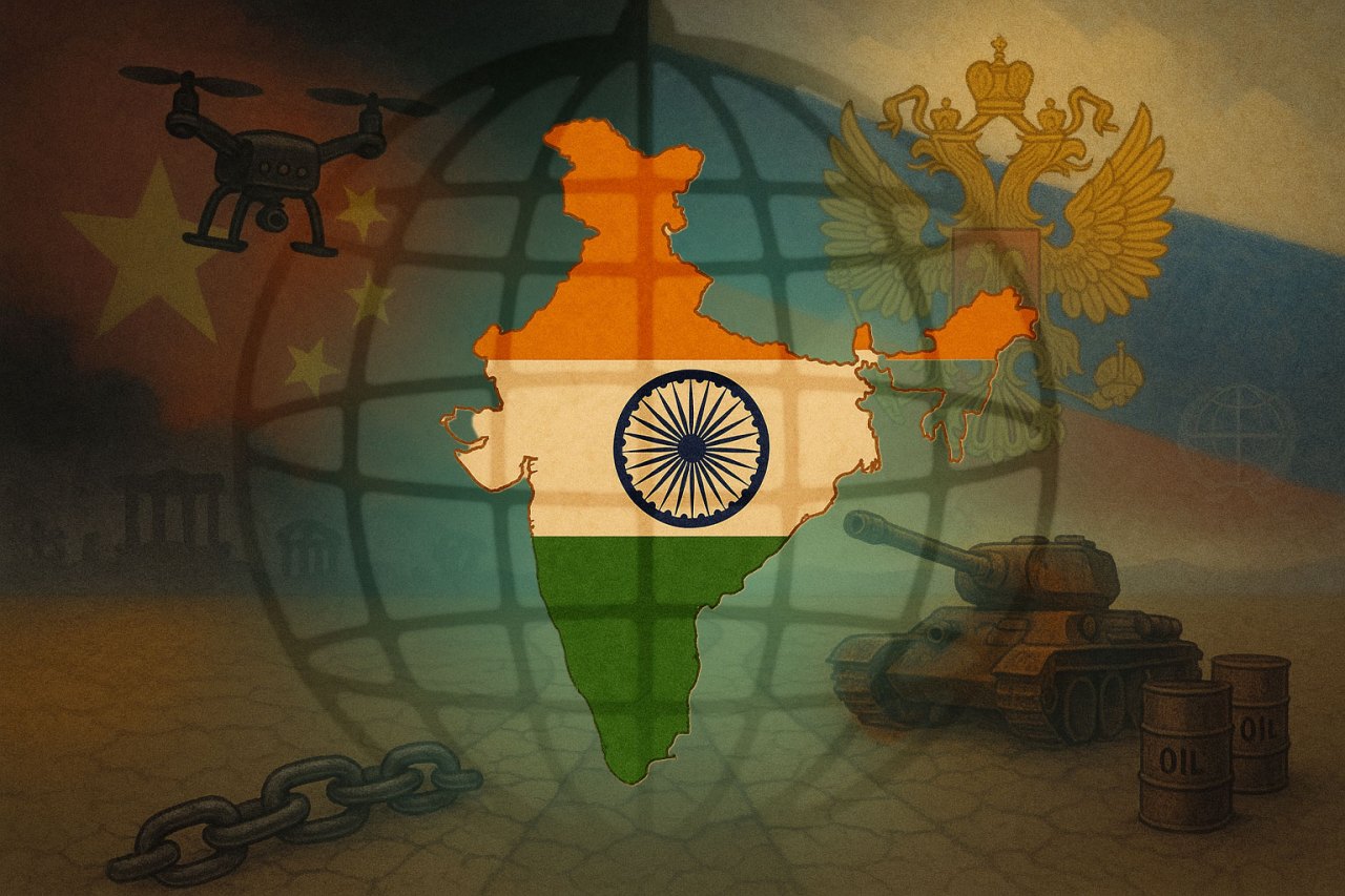 An illustration of the map of India in a cage with Chinese symbols on the left and Russian symbols on the right.