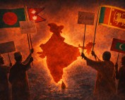 Figures with flags around glowing India map