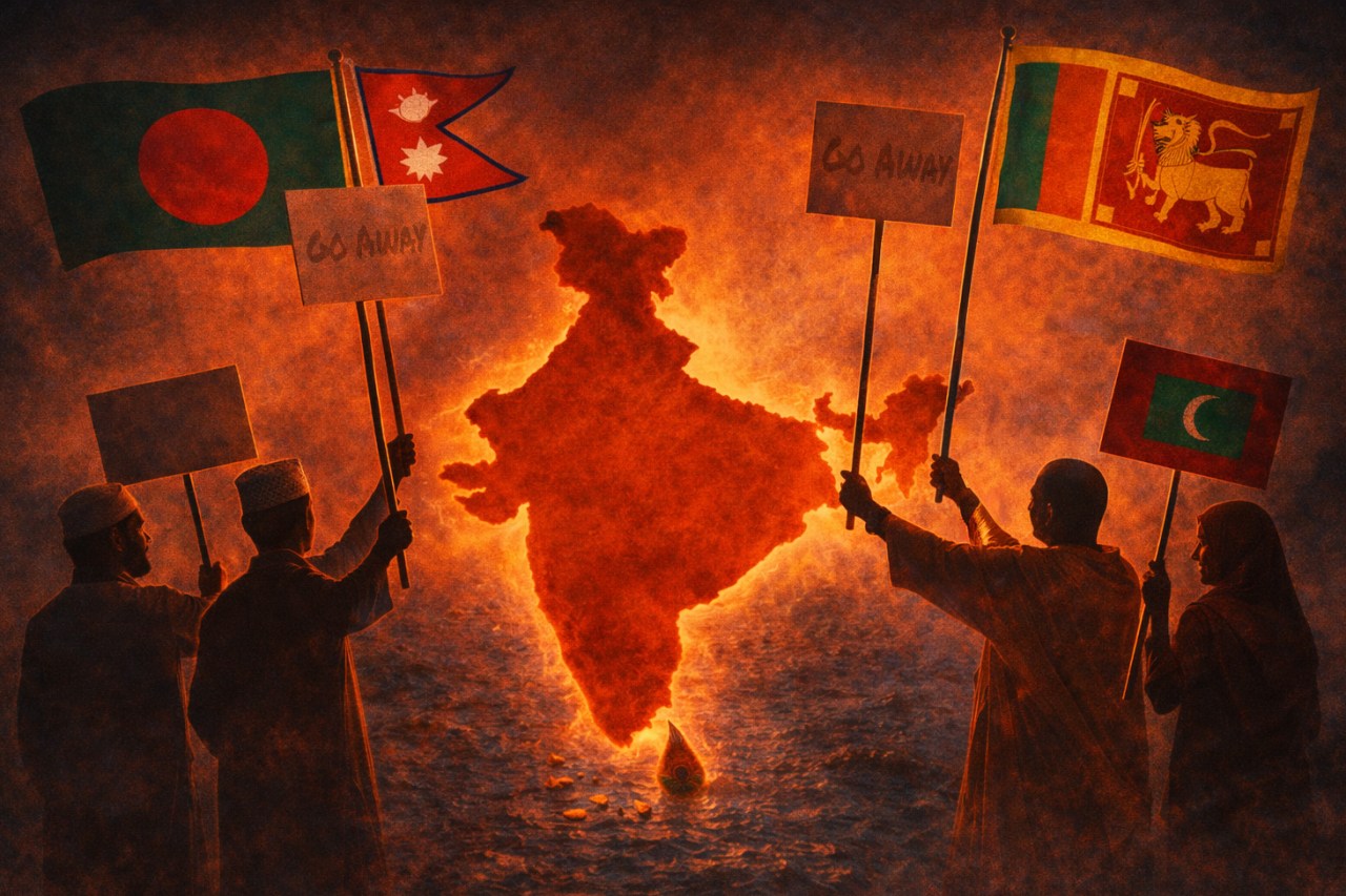 Figures with flags around glowing India map