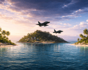 Three islands: two with sunny skies and palm trees, and a dark central island where you see two fighter plane.