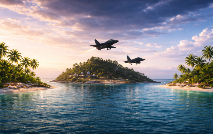 Three islands: two with sunny skies and palm trees, and a dark central island where you see two fighter plane.