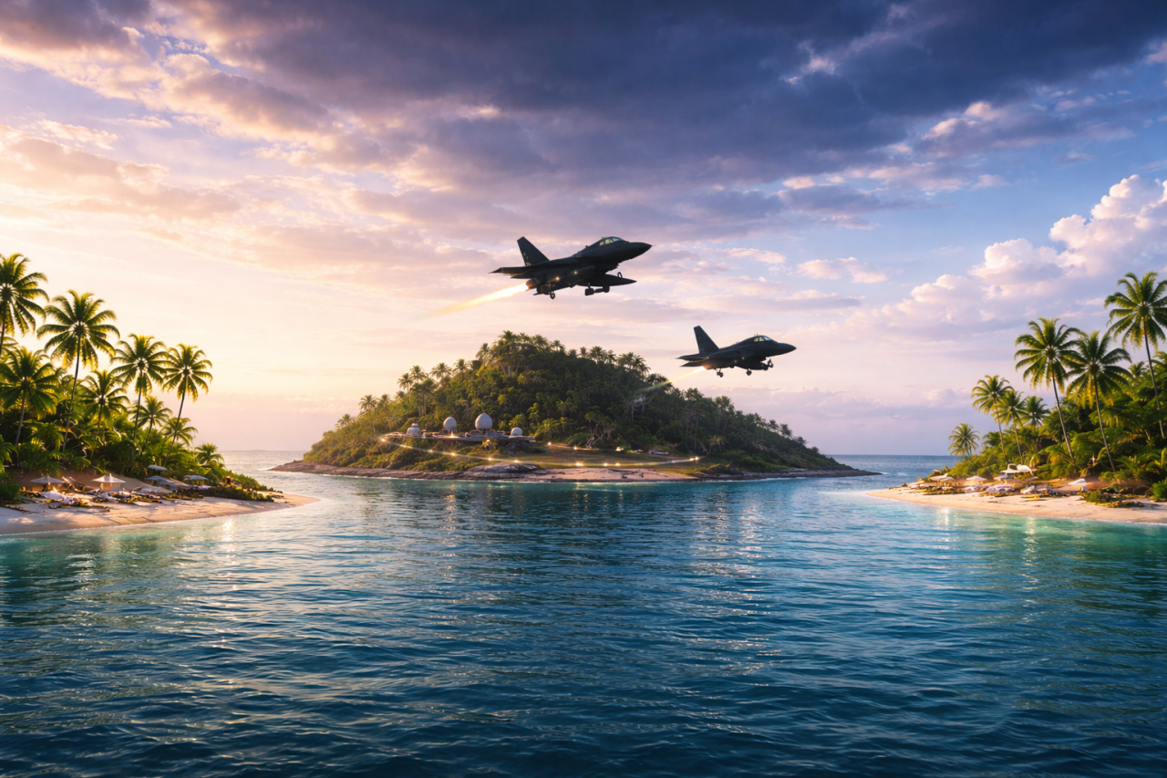 Three islands: two with sunny skies and palm trees, and a dark central island where you see two fighter plane.