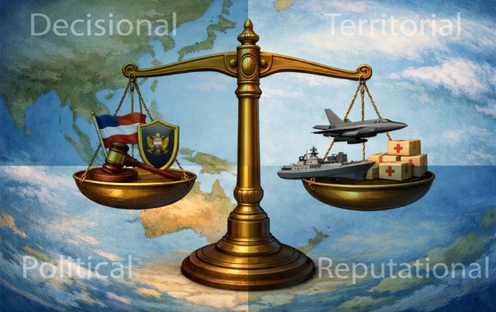A large, balanced scale placed in the center of a map of the world, with one side of the scale holding symbols of sovereignty and the other side holding symbols of access agreements