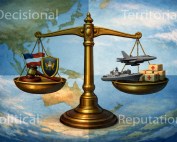 A large, balanced scale placed in the center of a map of the world, with one side of the scale holding symbols of sovereignty and the other side holding symbols of access agreements