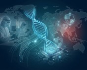 Glowing blue DNA helix merging with digital circuitry, symbolizing biotechnology's role in national security and great power competition.