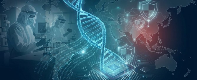 Glowing blue DNA helix merging with digital circuitry, symbolizing biotechnology's role in national security and great power competition.