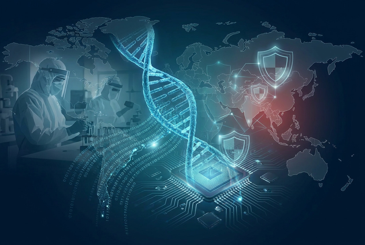 Glowing blue DNA helix merging with digital circuitry, symbolizing biotechnology's role in national security and great power competition.