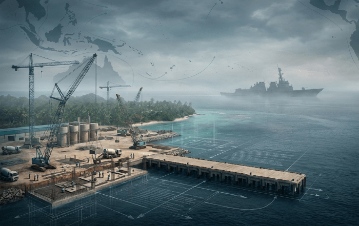 A conceptual editorial illustration representing strategic infrastructure and sovereignty in the Indo-Pacific.