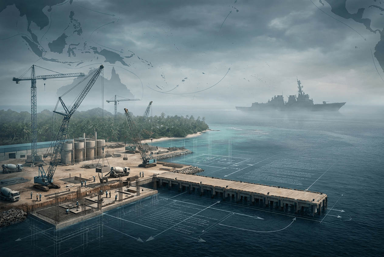 A conceptual editorial illustration representing strategic infrastructure and sovereignty in the Indo-Pacific.