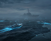 A conceptual editorial illustration representing asymmetric naval warfare and maritime denial strategy.