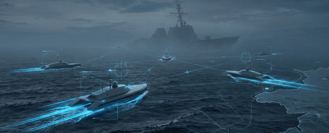 A conceptual editorial illustration representing asymmetric naval warfare and maritime denial strategy.