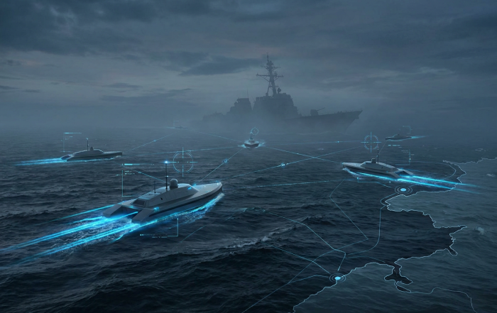 A conceptual editorial illustration representing asymmetric naval warfare and maritime denial strategy.
