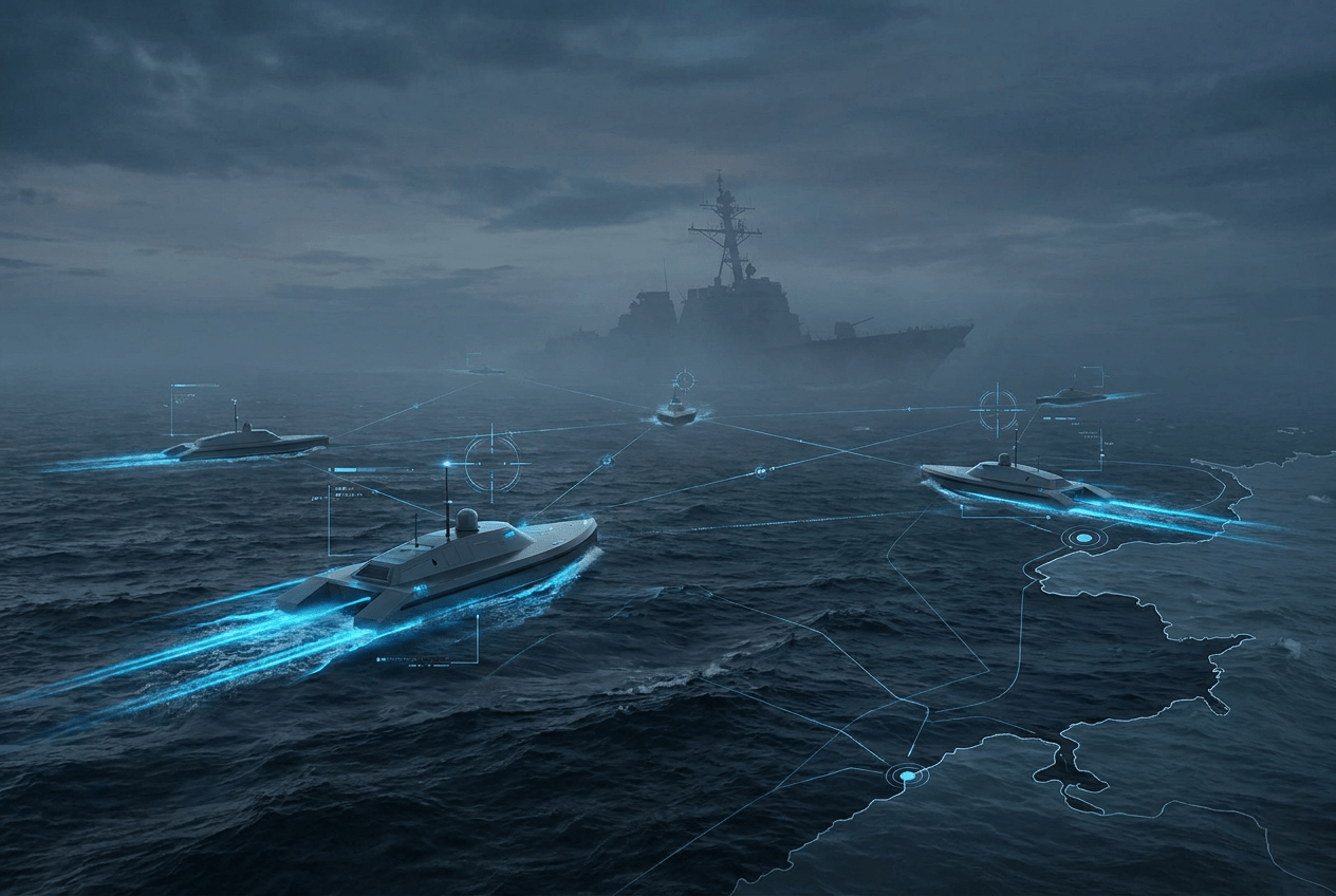 A conceptual editorial illustration representing asymmetric naval warfare and maritime denial strategy.